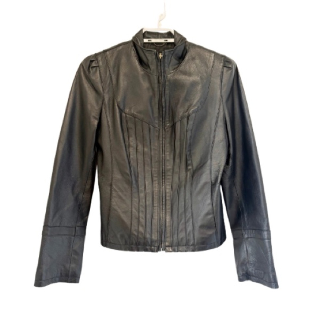 Guess Black Leather Ribbed Jacket | S - Picture 4 of 10